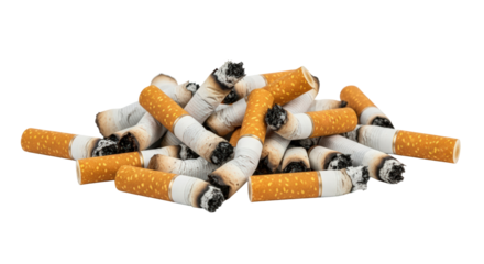 Pile of used cigarette butts isolated on transparent background