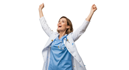 Excited female doctor celebrating with arms raised isolated on transparent background