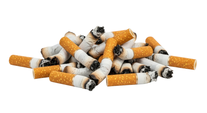 Pile of used cigarette butts isolated on transparent background