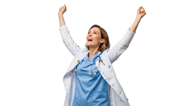 Excited female doctor celebrating with arms raised isolated on transparent background - Powered by Adobe