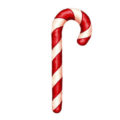 Watercolor red and white candy cane illustration on transparent background