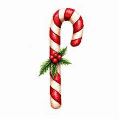 Hand painted festive candy cane watercolor artwork on white backdrop