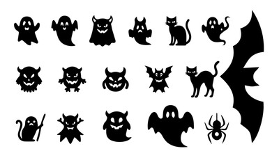 Halloween themed ghost and spooky creature silhouette set