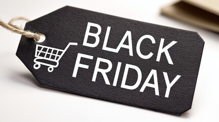 Black Friday sale tag displaying shopping cart icon, offering special holiday discount promotions