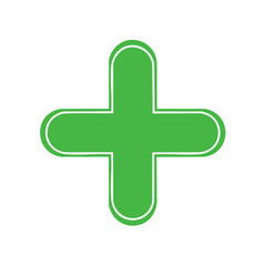 Fototapeta premium Simple green plus sign icon with rounded edges and white border symbolizing addition, help, and health