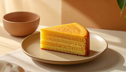 Moist Layered Yellow Cake on Ceramic Plate for Food Blogs and Culinary Branding 