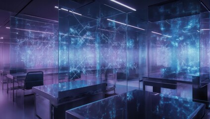 Futuristic laboratory with transparent dividers displaying glowing, abstract, network-like patterns