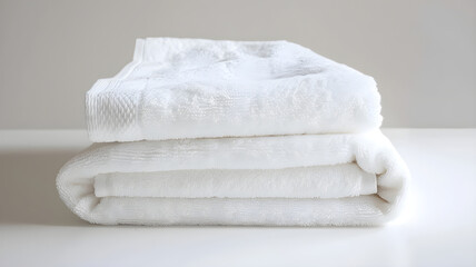 White towel on the bed in the bedroom interior, stack of white towels
