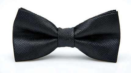 Close up of a black textured bow tie on a white background in studio light