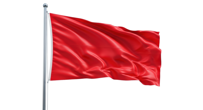 Waving red flag on a flagpole isolated on transparent background