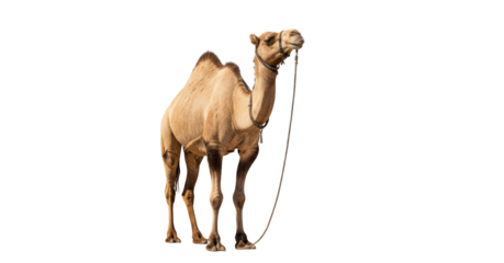 Dromedary camel standing facing forward isolated on transparent background