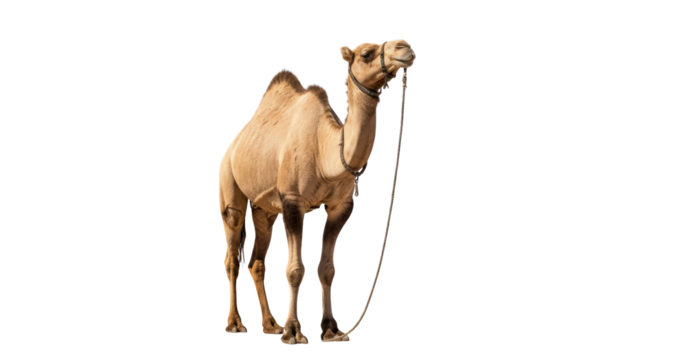 Dromedary camel standing facing forward isolated on transparent background
