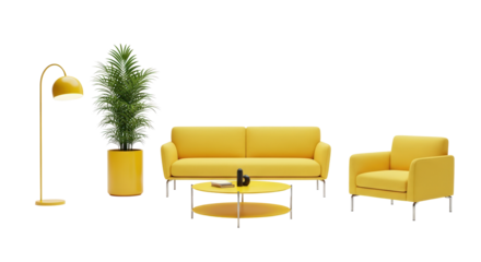 Modern yellow sofa armchair and coffee table with plant isolated on transparent background
