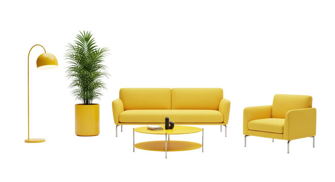 Modern yellow sofa armchair and coffee table with plant isolated on transparent background