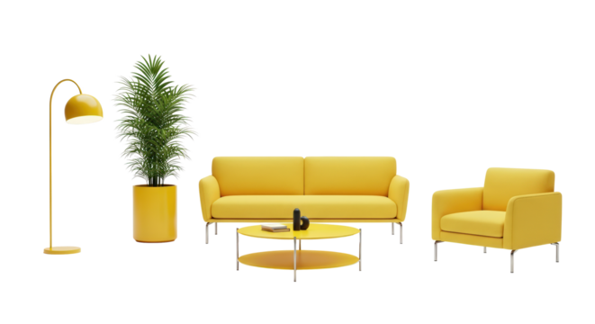 Modern yellow sofa armchair and coffee table with plant isolated on transparent background