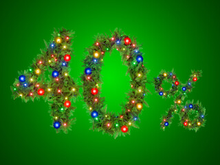 A festive 40 percent sign is formed by Christmas decorations