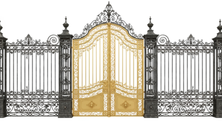 Ornate gold gate with black wrought iron fence isolated on transparent background