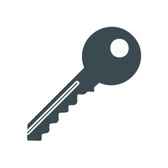 Simple gray house key with a circular bow and serrated bit against a white background