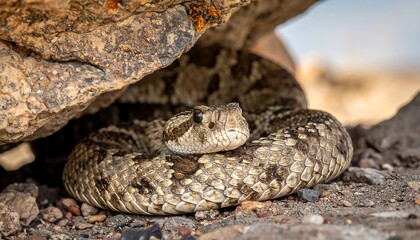 A coiled serpent with diamond pattern blends with its stony surroundings. The creature is camouflaged under a rock, showcasing its head
