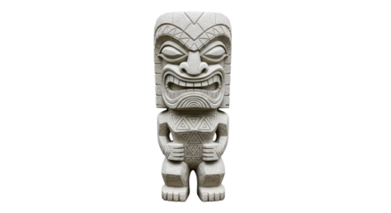 Ancient stone tiki statue with fierce face isolated on transparent background