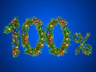 A festive 100 percent sign is formed by Christmas decorations