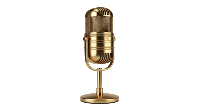 Vintage gold microphone on a stand isolated on transparent background