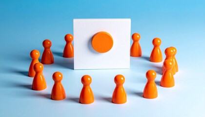 Orange pawns encircling central orange disc on white panel with blue gradient background.