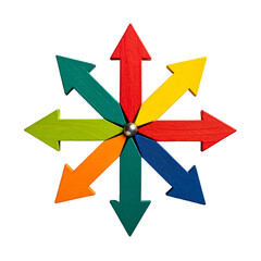 A vibrant illustration features arrows of multiple colors radiating outwards from a central point