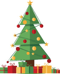 Naklejka premium Festive Christmas tree with twinkling stars, colorful ornaments, and warm lights, surrounded by cheerful wrapped gift boxes, symbolizing the joy of holiday celebrations