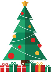 Obraz premium Festive flat design illustration of a Christmas tree with a star, ornaments, and gifts, perfect for holiday cards and seasonal celebrations