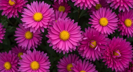 Vibrant Pink Aster Flowers with Yellow Centers, Blooming in a Garden, Close-Up View