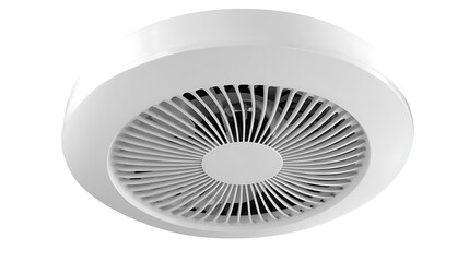 Close up of a white ceiling fan with circular vent design on white background