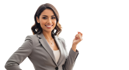 Smiling businesswoman holding a small red object isolated on transparent background