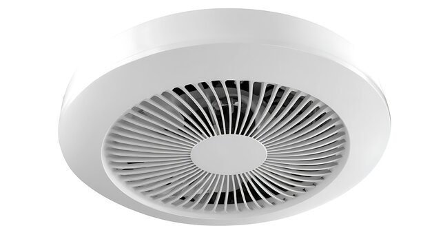 Close up of a white ceiling fan with circular vent design on white background