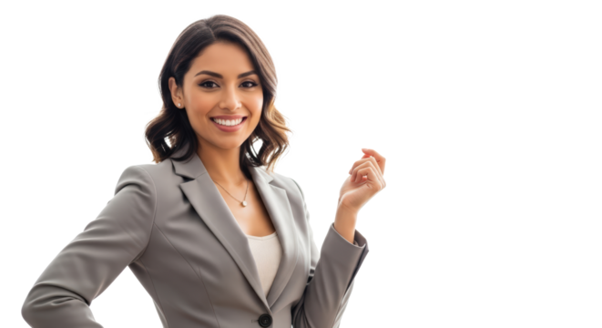 Smiling businesswoman holding a small red object isolated on transparent background