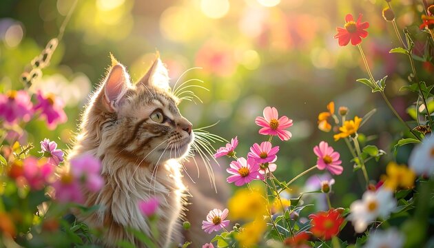 A fluffy feline sits amidst colorful blooms, bathed in golden sunlight. The cat gazes toward the upper right, surrounded by a vibrant array of wildflowers
