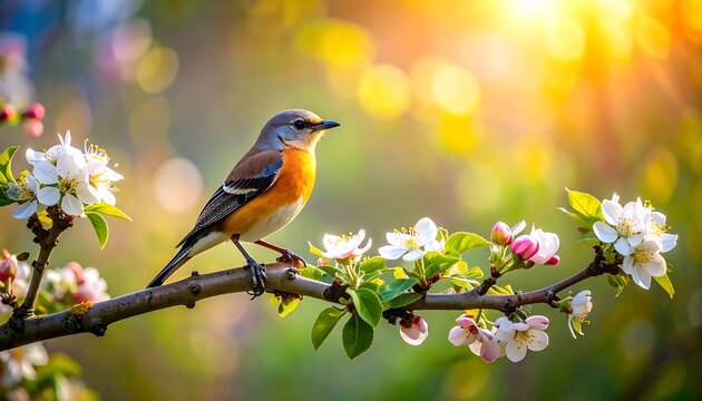 A colorful songbird perches on a flowering branch, bathed in warm sunlight. Delicate white blossoms and green leaves adorn the branch, creating a vibrant spring scene