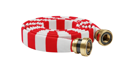 Red and white striped fire hose with brass couplings isolated on transparent background