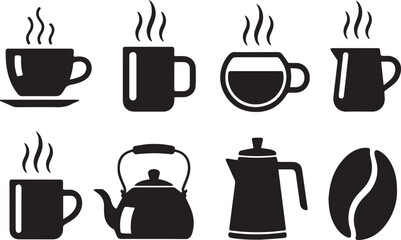 Obraz premium Black silhouette icons of coffee cups kettles and coffee bean steam
