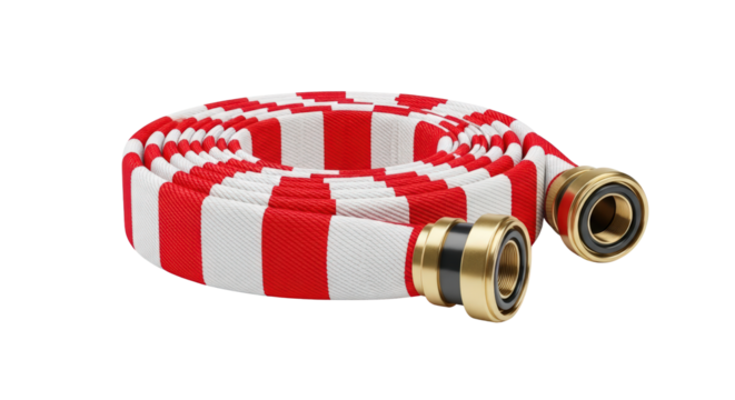 Red and white striped fire hose with brass couplings isolated on transparent background