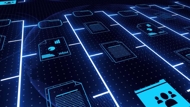 Futuristic holographic interface of a file manager with folder structure, document scanning, and digital data storage in a paperless office.