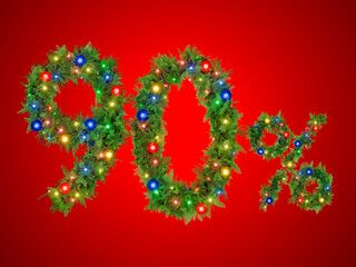 A festive 90 percent sign is formed by Christmas decorations