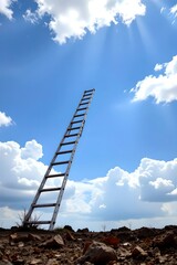 Tall Ladder Reaching Up to Blue Sky with Feathery White Clouds