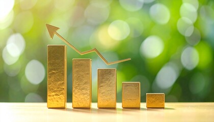 Descending gold bars with downward arrow on wood surface.