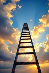 A Tall Ladder Reaching Into the Bright Blue Sky at Sunrise with Clouds