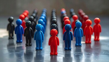 Color-coded figurines in grid formation on reflective surface.