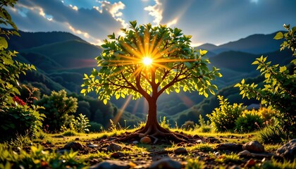Beautiful Tree Growing Under Golden Sunrise with Mountains and Clouds