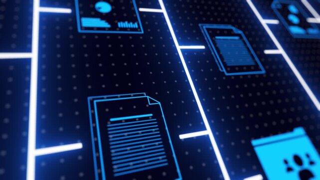 futuristic holographic interface of a file manager, folder structure with documents and data scanning, digital document storage software, cloud database, search and manage documents,paperless office.