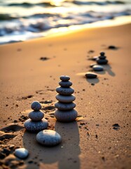 Cubic Stones Arranged in a Serenity of Beach Landscape at Sunset