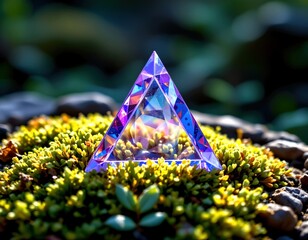 Colorful Prism on Lush Green Moss with Light Reflections in Nature